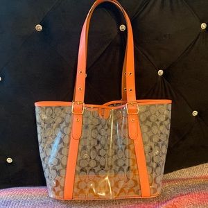 Pink & Light Golden Brown Monogrammed Coach  Clear Tote